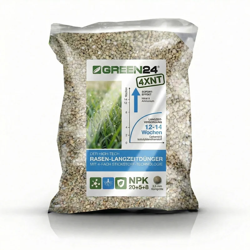 GREEN24 Profi Rasendünger 4XNT NPK 20+5+8 mit Langzeitwirkung je 1 Kg (25 m²) – Für einen dichten, sattgrünen Traumrasen (mit 4 fach N Technologie)