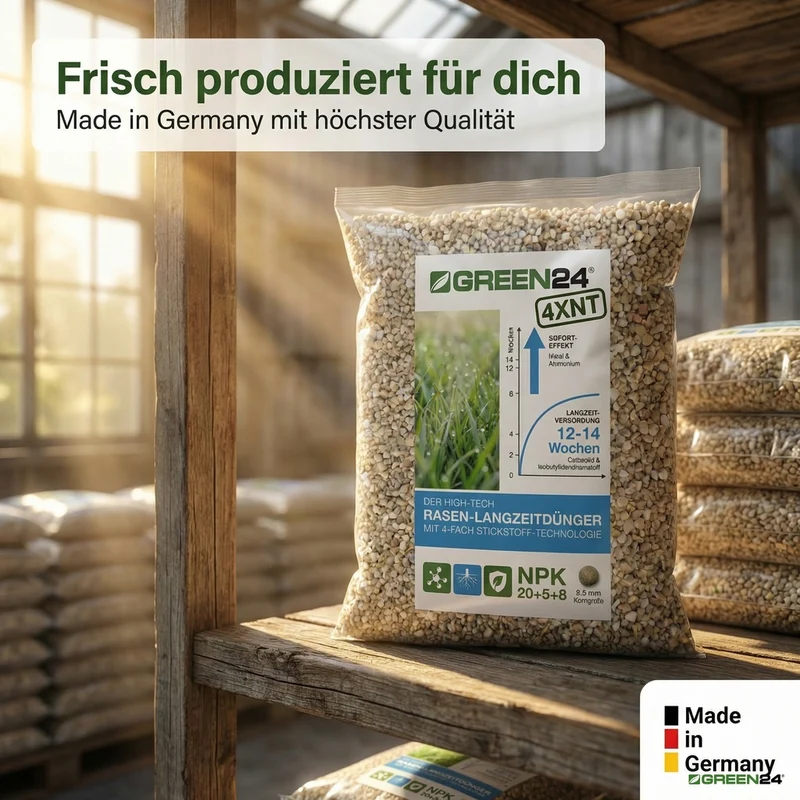 GREEN24 Profi Rasendünger 4XNT NPK 20+5+8 mit Langzeitwirkung je 1 Kg (25 m²) – Für einen dichten, sattgrünen Traumrasen (mit 4 fach N Technologie)