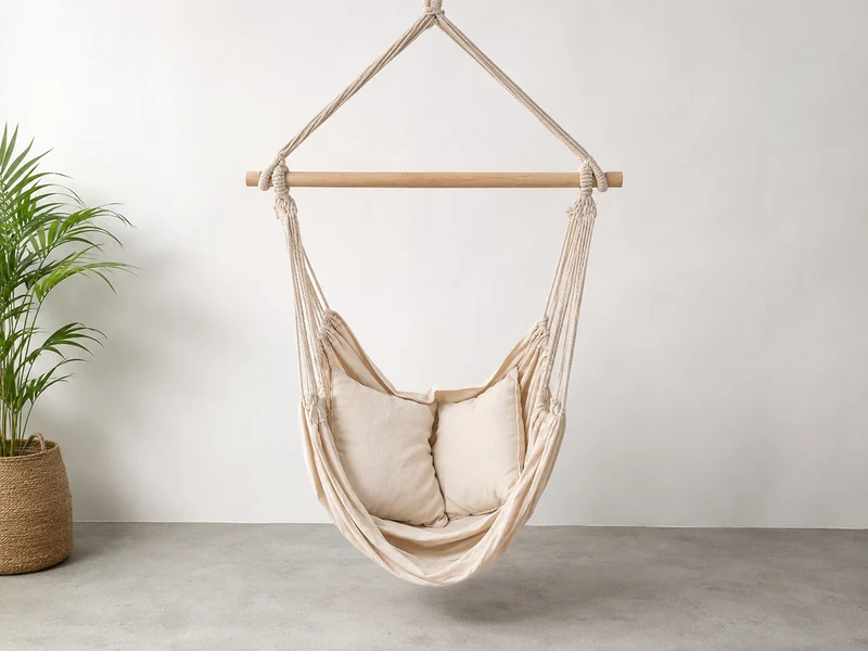 Hängesessel Beige – 130 × 100 cm inkl. 2 Kissen, Seil, Holzstab & S-Hake