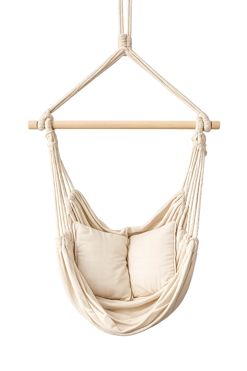 Hängesessel Beige – 130 × 100 cm inkl. 2 Kissen, Seil, Holzstab & S-Hake