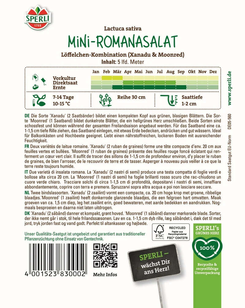 SPERLI Mini Romanasalat-Samen 'Löffelchen-Kombination', Saatband