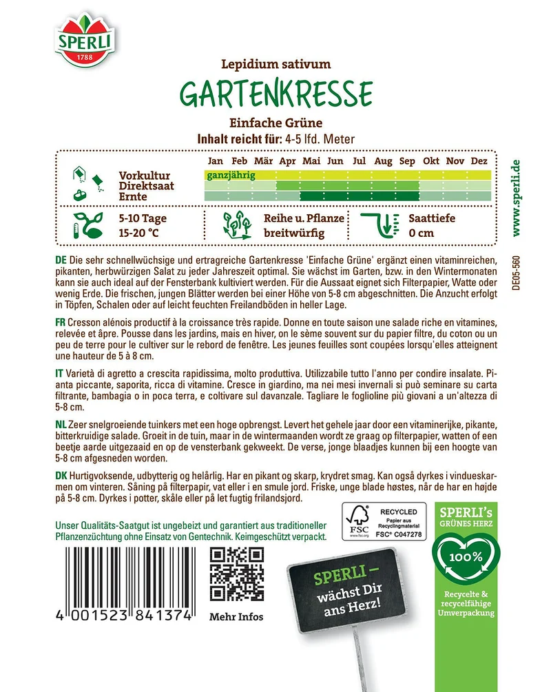 SPERLI Gartenkresse-Samen 'Einfache Grüne'