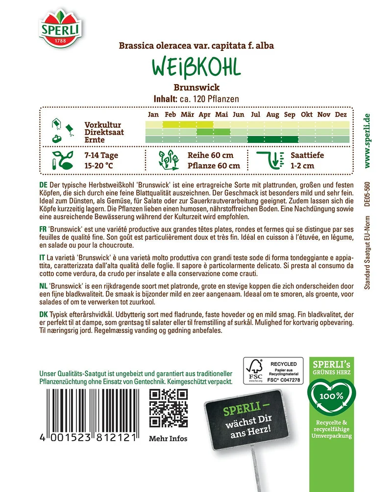 SPERLI Weißkohl-Samen 'Brunswick'