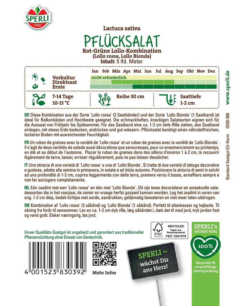 SPERLI Pflücksalat-Samen Rot-Grüne Lollo-Kombination, Saatband