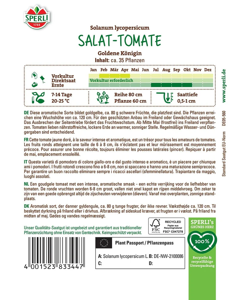 SPERLI Salat-Tomaten-Samen 'Goldene Königin'
