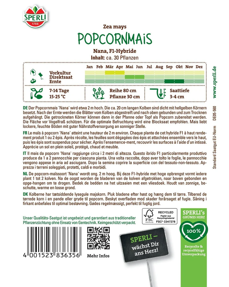 SPERLI Popcornmais-Samen 'Nana', F1