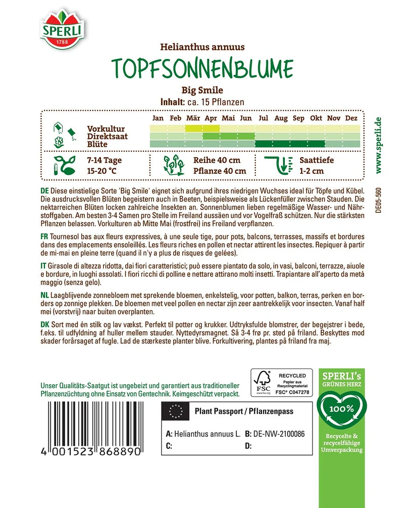 SPERLI Topfsonnenblumen-Samen 'Big Smile'