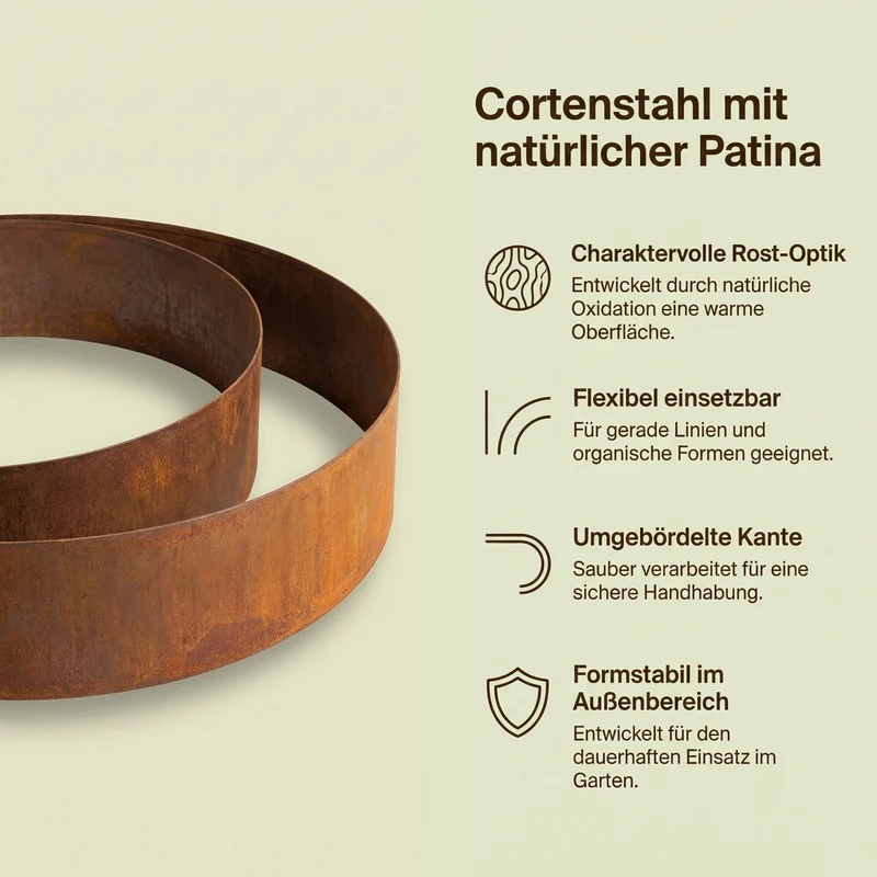 Rasenkantenband aus Cortenstahl – 15 cm hoch, Länge 10 m, 0,5 mm stark – GartenAZ Beetumrandung mit Umbördelung