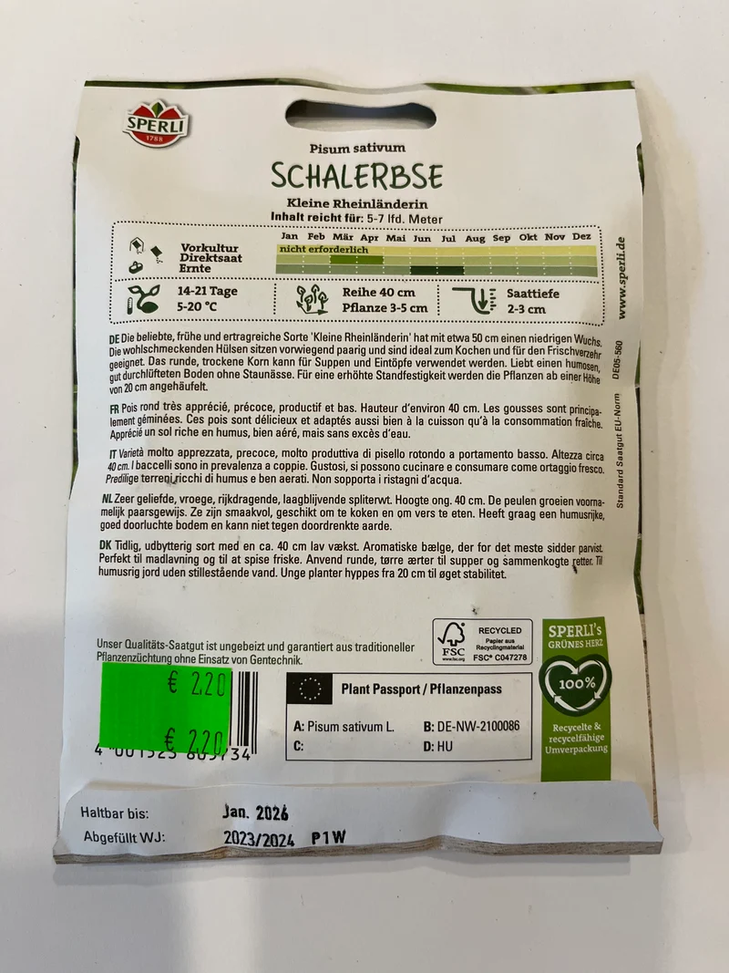 Erbse Schalerbse Kleine Rheinländerin