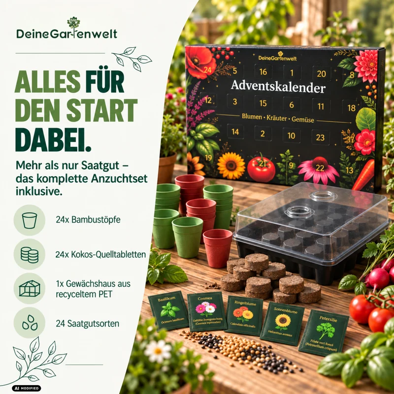 Saatgut Adventskalender mit Anzuchtset – 24 Sorten Blumen, Kräuter & Gemüse