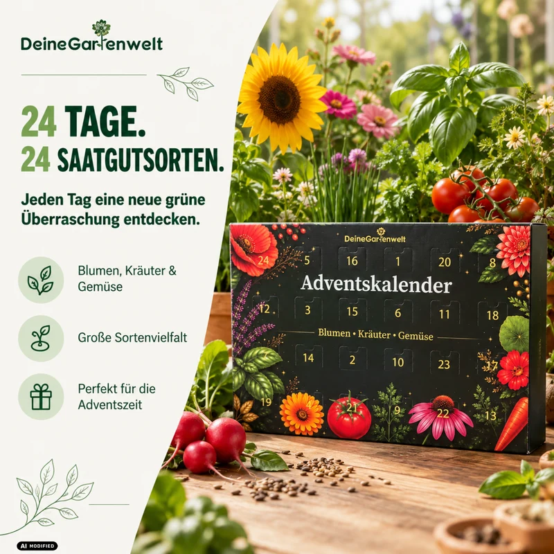 Saatgut Adventskalender mit Anzuchtset – 24 Sorten Blumen, Kräuter & Gemüse