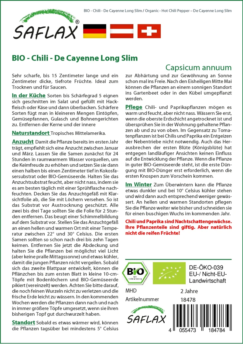 Chili De Cayenne Long Slim | BIO Chilisamen von Saflax