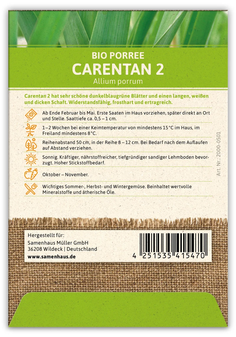 Lauch-Porree Carentan 2 (100 Stück) | BIO Lauchsamen von FLORTUS