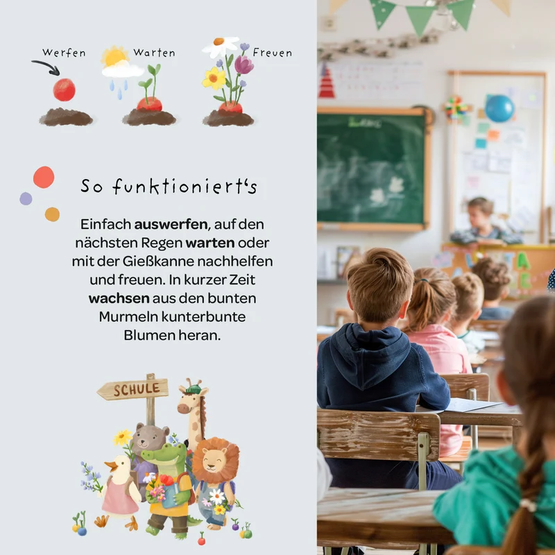 5 Blumenmurmeln im Tütchen zur Einschulung "Tiere"