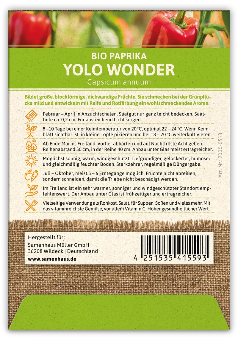 Paprika Yolo Wonder (100 Stück) | BIO Paprikasamen von FLORTUS