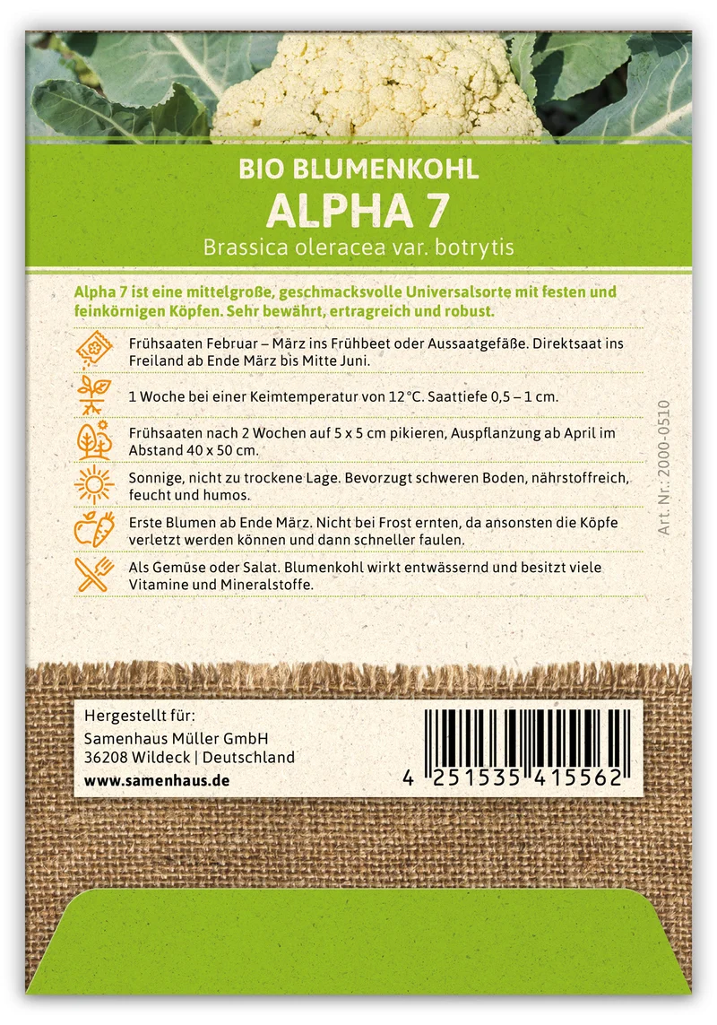 Blumenkohl Alpha 7 (100 Stück) | BIO Kohlsamen von FLORTUS