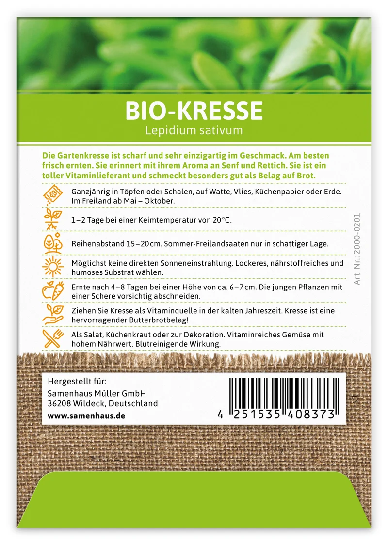 Kresse (100 Tütchen) | BIO Kressesamen von FLORTUS
