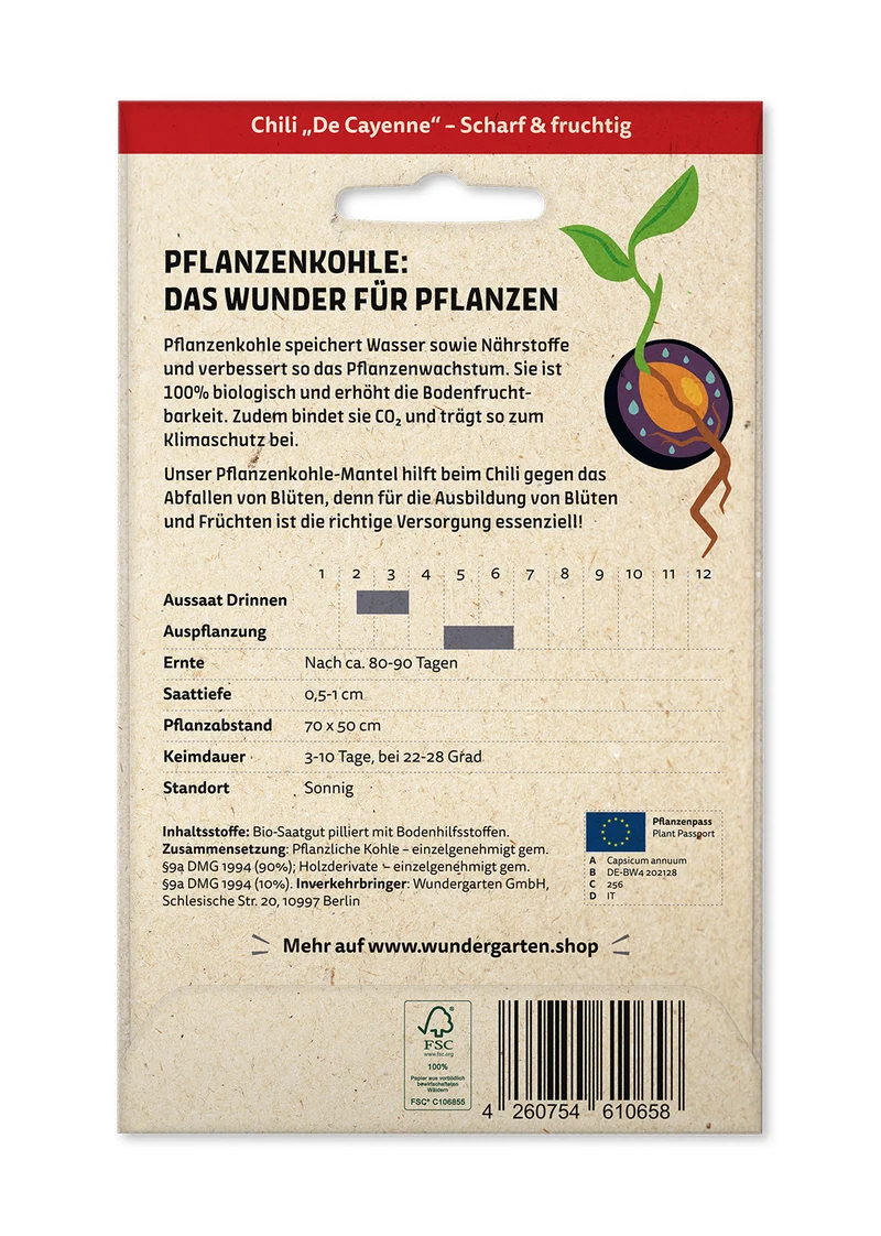 Saatgut mit Pflanzenkohle-Mantel Chili De Cayenne | BIO Chilisamen von Wundergarten [MHD 01/2027]