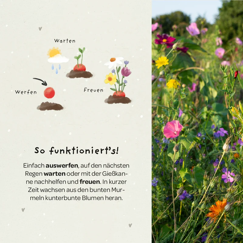 5 Blumenmurmeln im Tütchen zur Einschulung "Hipp Hipp Hurra!"
