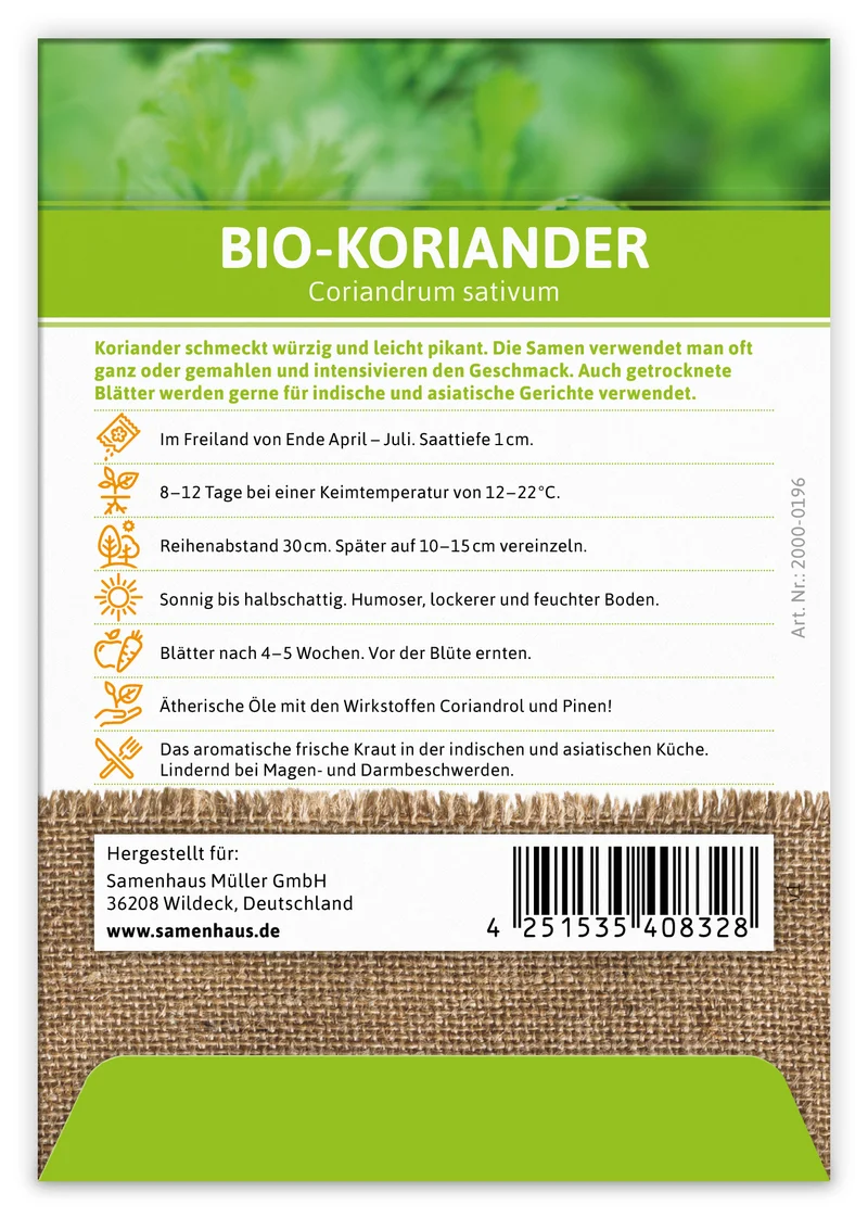 Koriander (100 Tütchen) | BIO Koriandersamen von FLORTUS