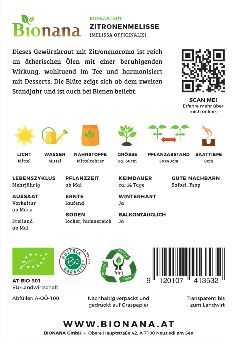 Zitronenmelisse | BIO Melissensamen von Bionana [MHD 12/2023]