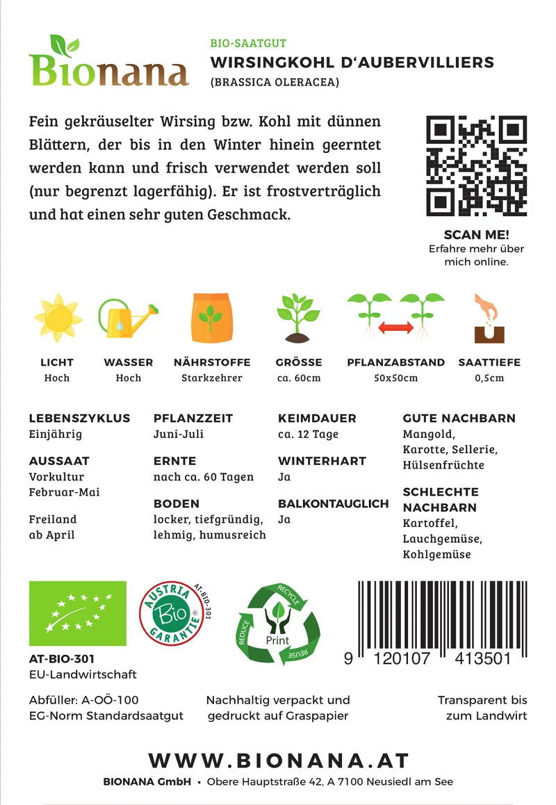 Wirsingkohl D'Aubervilliers | BIO Wirsingsamen von Bionana [MHD 12/2026]