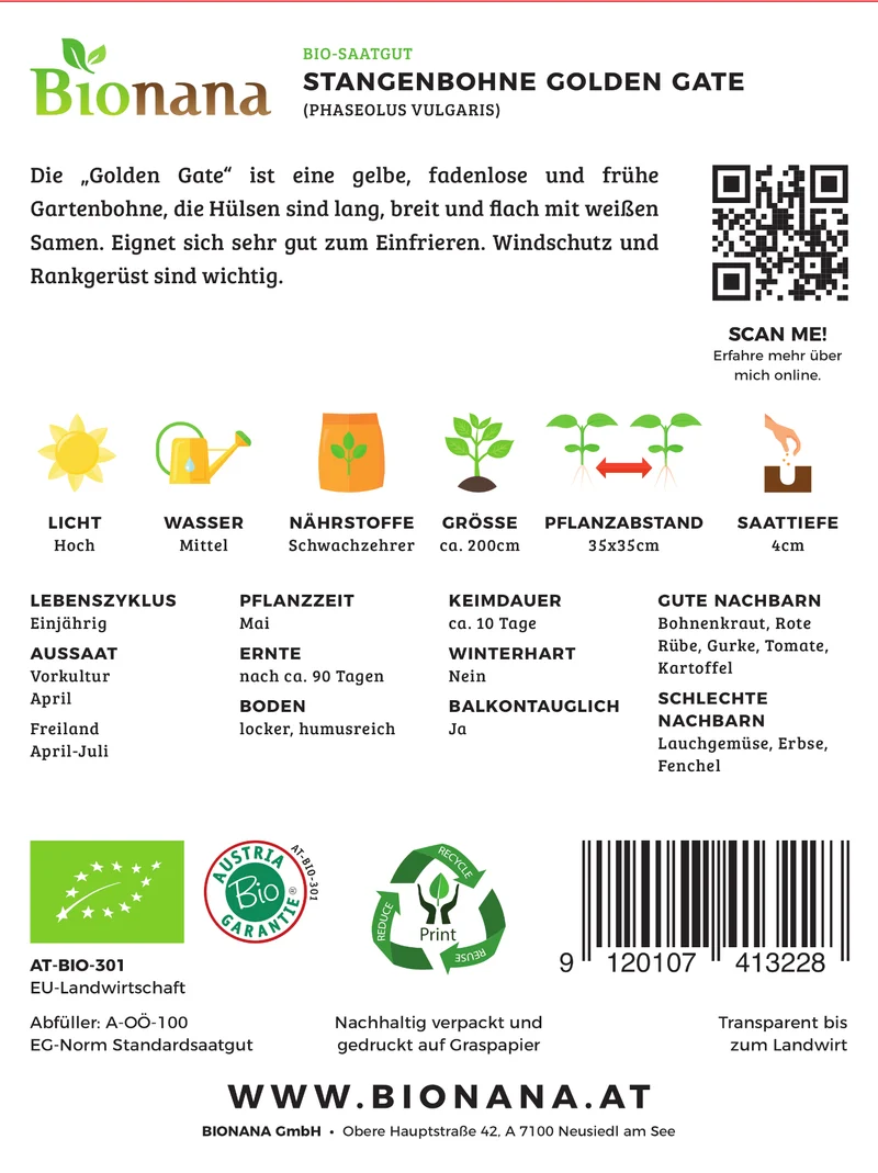 Stangenbohne Golden Gate | BIO Stangenbohnensamen von Bionana [MHD 12/2023]