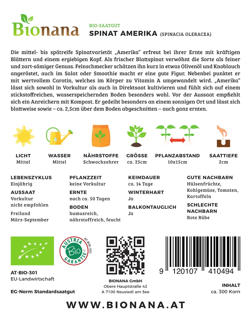 Spinat America | BIO Spinatsamen von Bionana [MHD 12/2024]