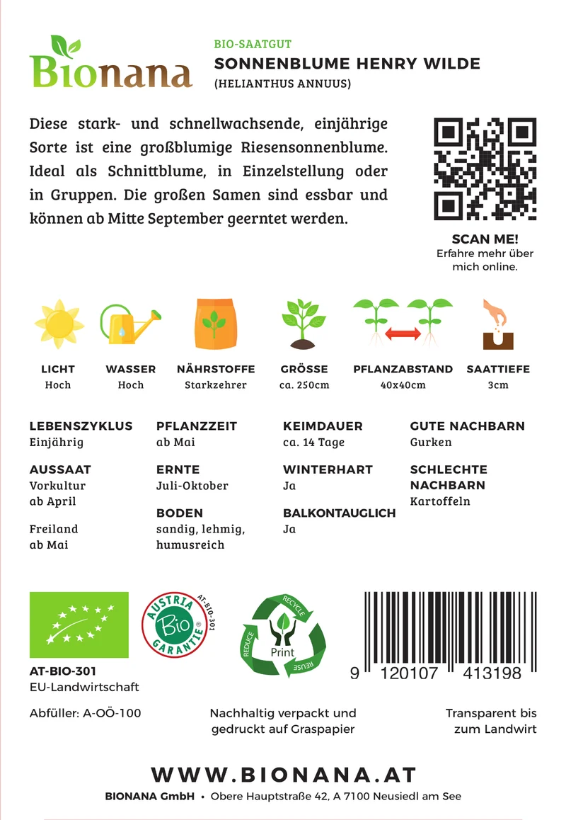 Sonnenblume Henry Wilde | BIO Sonnenblumensamen von Bionana [MHD 12/2023]