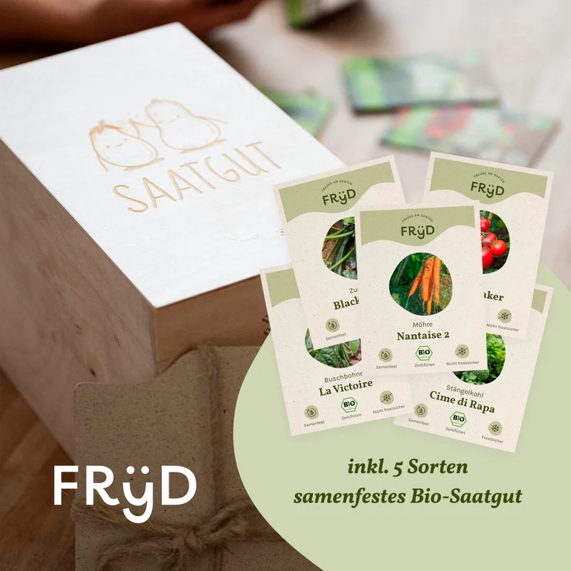 Fryd Holz-Saatgutkiste inkl. 5 Päckchen BIO-Saatgut und Registern