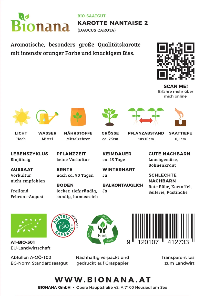 Karotte Nantaise | BIO Möhrensamen von Bionana [MHD 12/2026]