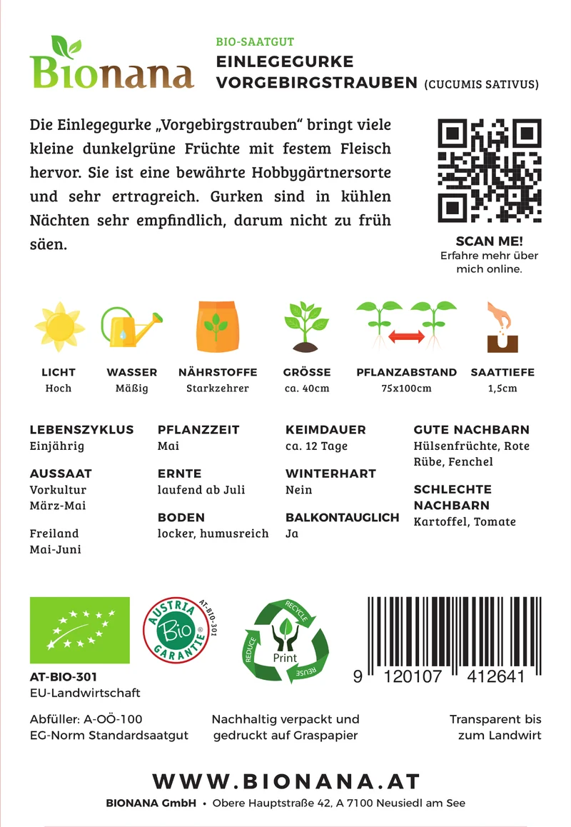 Einlegegurke Vorgebirgstrauben | BIO Einlegegurkensamen von Bionana [MHD 12/2023]