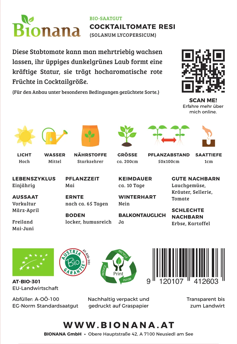 Cocktailtomate Resi | BIO Cocktailtomatensamen von Bionana [MHD 12/2023]