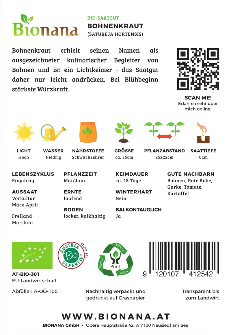 Bohnenkraut | BIO Bohnenkrautsamen von Bionana [MHD 12/2023]