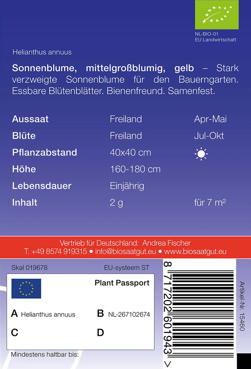 Sonnenblume mittelgroßblumig, gelb | BIO Sonnenblumensamen von De Bolster [MHD 12/2023]