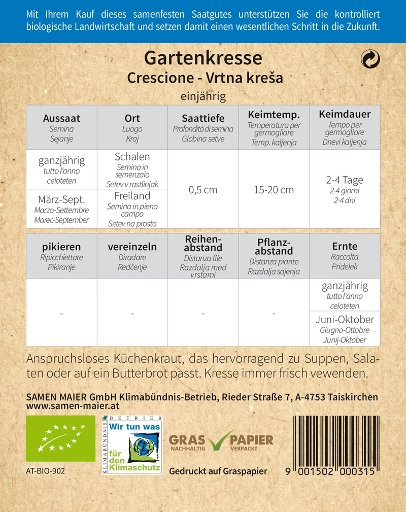Gartenkresse einjährig | BIO Kressesamen von Samen Maier [MHD 12/2023]