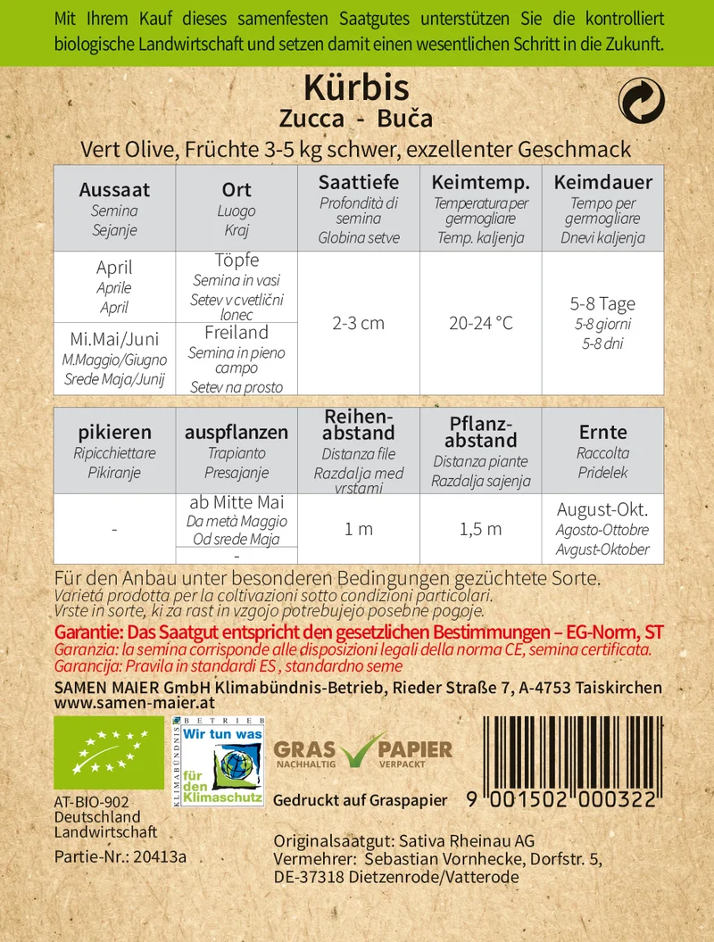 Kürbis Vert Olive | BIO Kürbissamen von Samen Maier [MHD 12/2026]