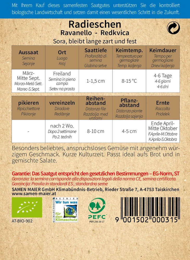 Radies Sora | BIO Radieschensamen von Samen Maier [MHD 12/2024]