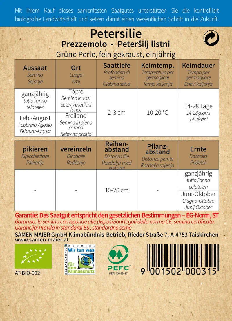 Petersilie Grüne Perle | BIO Petersiliensamen von Samen Maier [MHD 12/2026]