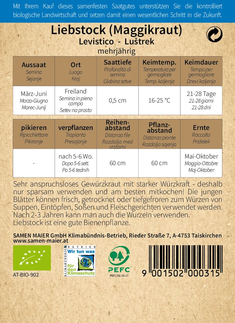 Liebstock (Maggikraut) mehrjährig | BIO Liebstöckelsamen von Samen Maier [MHD 12/2023]