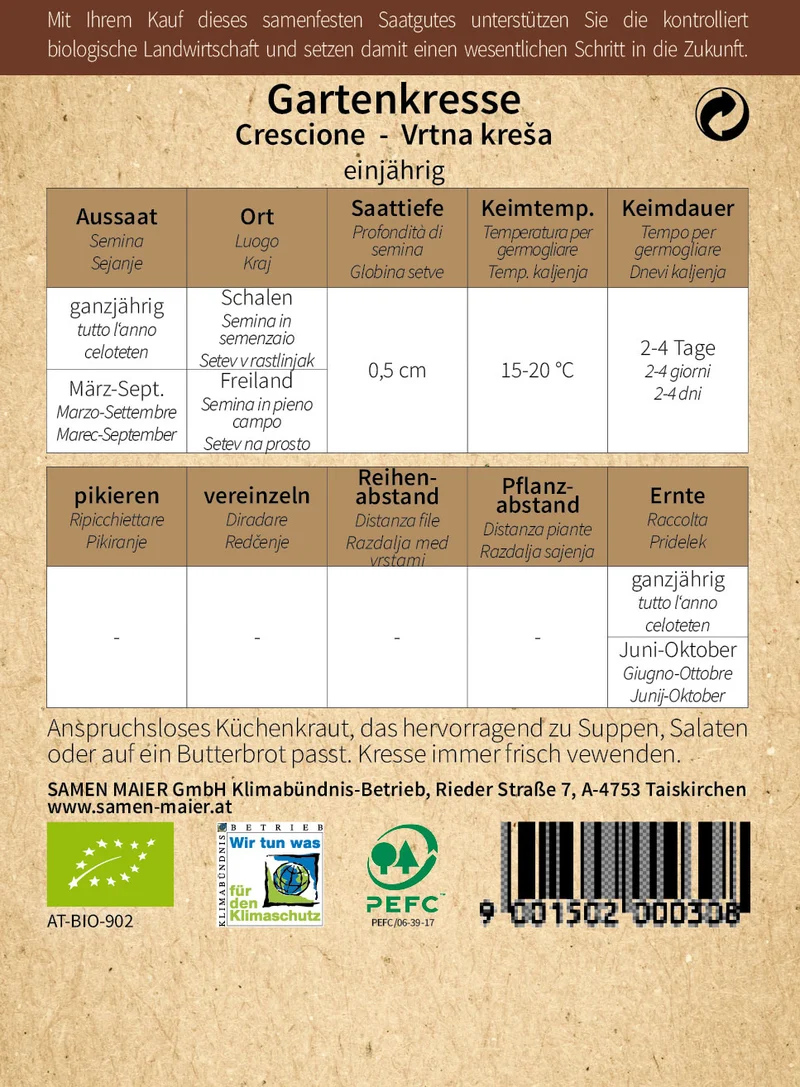 Gartenkresse einjährig | BIO Kressesamen von Samen Maier