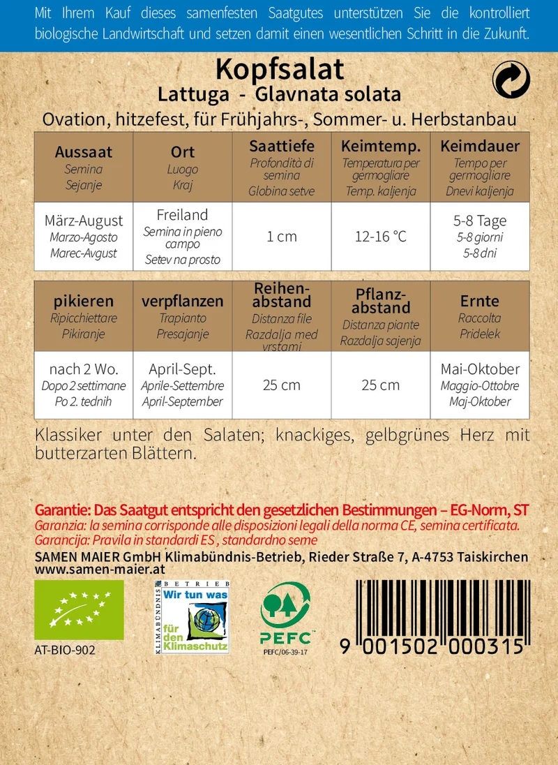 Kopfsalat Ovation | BIO Kopfsalatsamen von Samen Maier [MHD 12/2023]