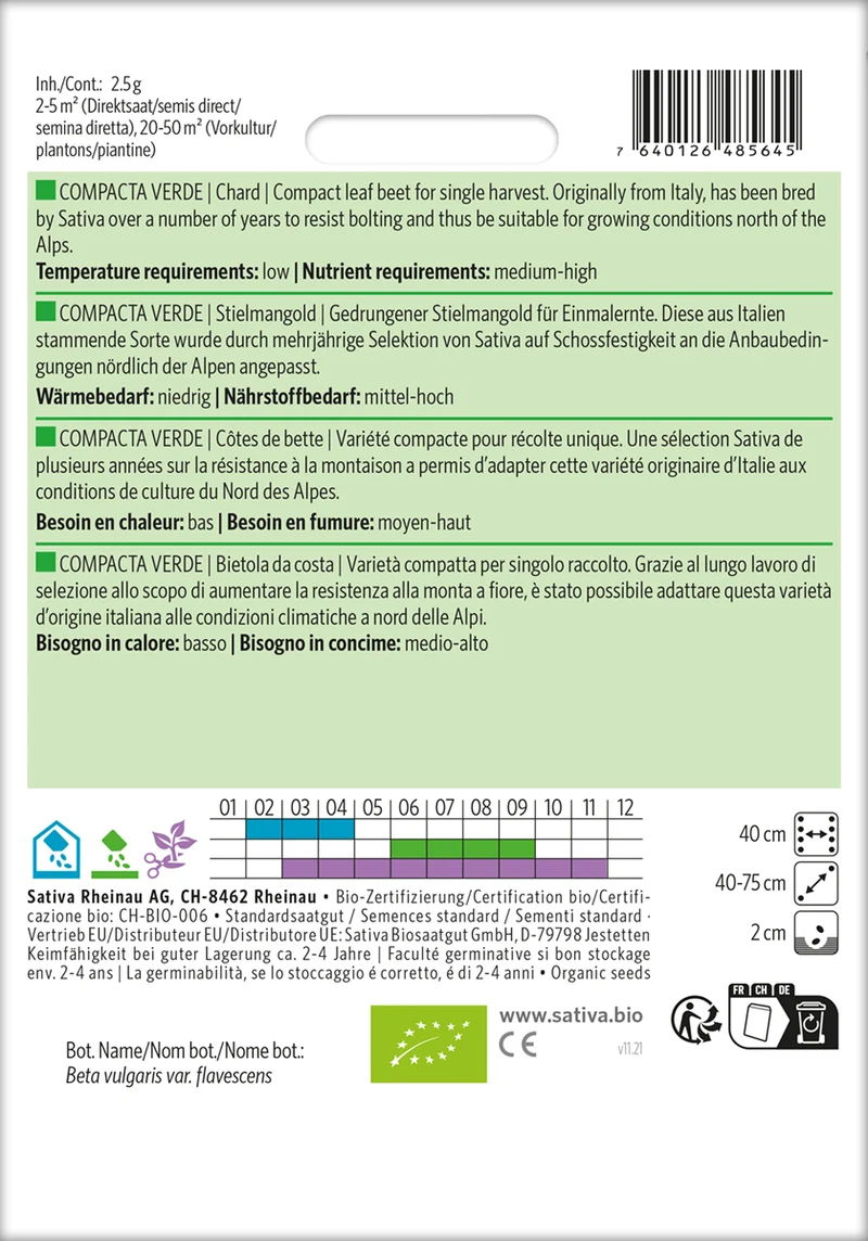 Mangold Compacta Verde | BIO Mangoldsamen von Sativa Rheinau [MHD 12/2025]