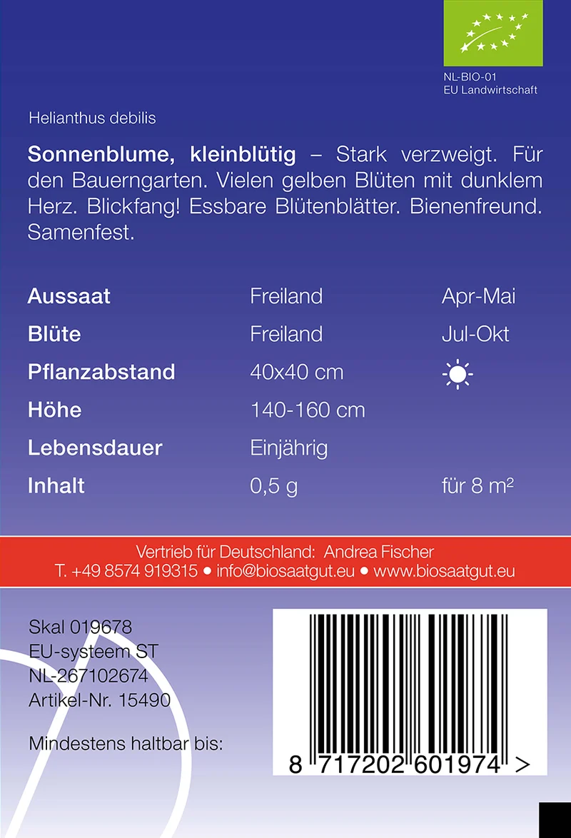 Sonnenblume kleinblütig | BIO Sonnenblumensamen von De Bolster [MHD 12/2025]