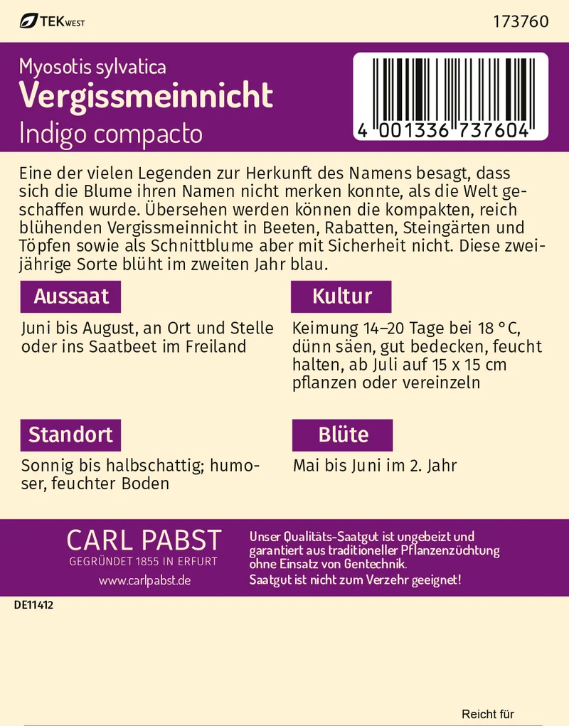 Vergißmeinnicht Indigo compacto Saatgut