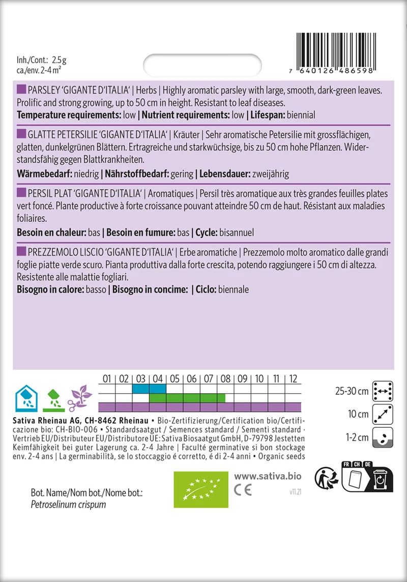 Gigante DItalia (Glatte Petersilie) | BIO Petersiliensamen von Sativa Rheinau [MHD 12/2025]