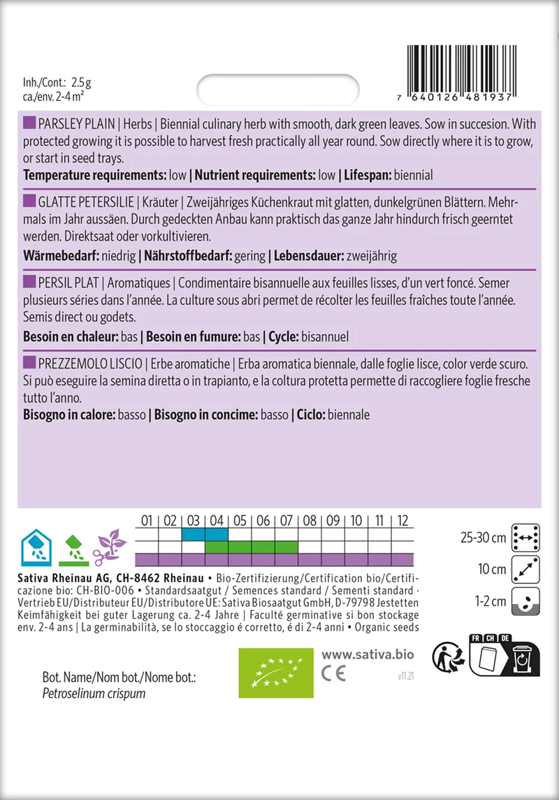 Glatte Petersilie | BIO Petersiliensamen von Sativa Rheinau [MHD 12/2025]