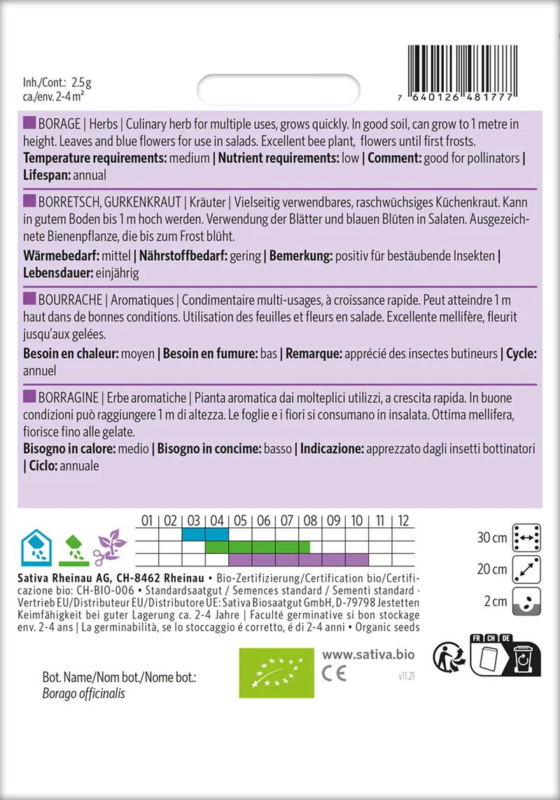 Borretsch, Gurkenkraut | BIO Borretschsamen von Sativa Rheinau [MHD 12/2025]