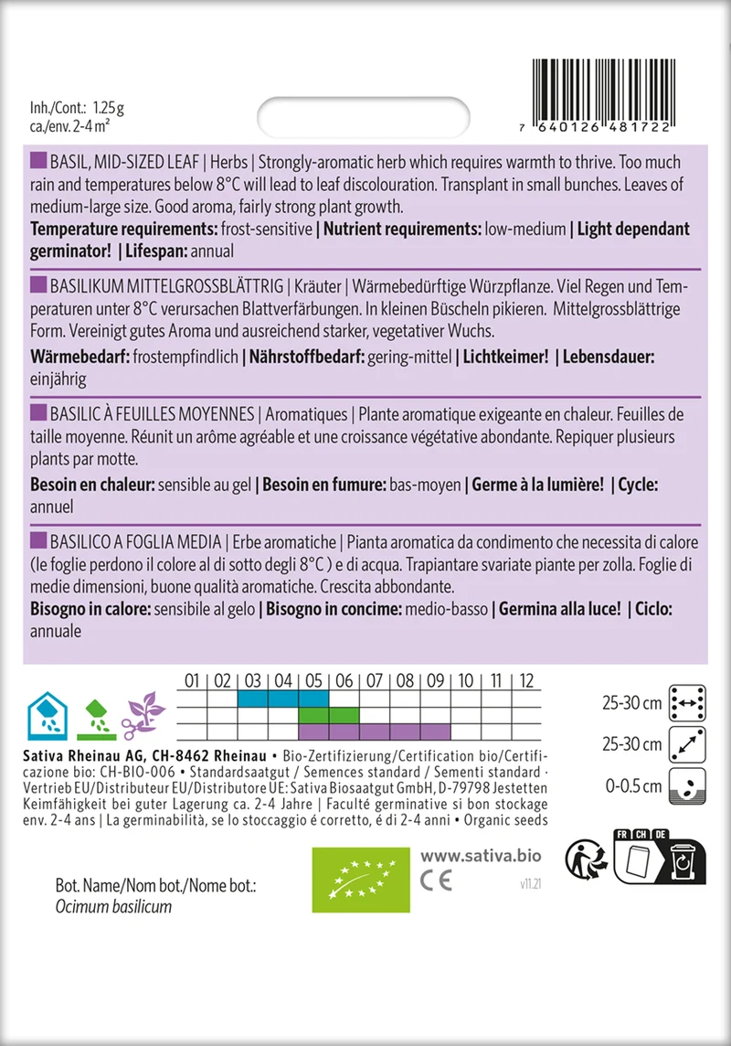 Basilikum Grossblättrig | BIO Basilikumsamen von Sativa Rheinau [MHD 12/2025]