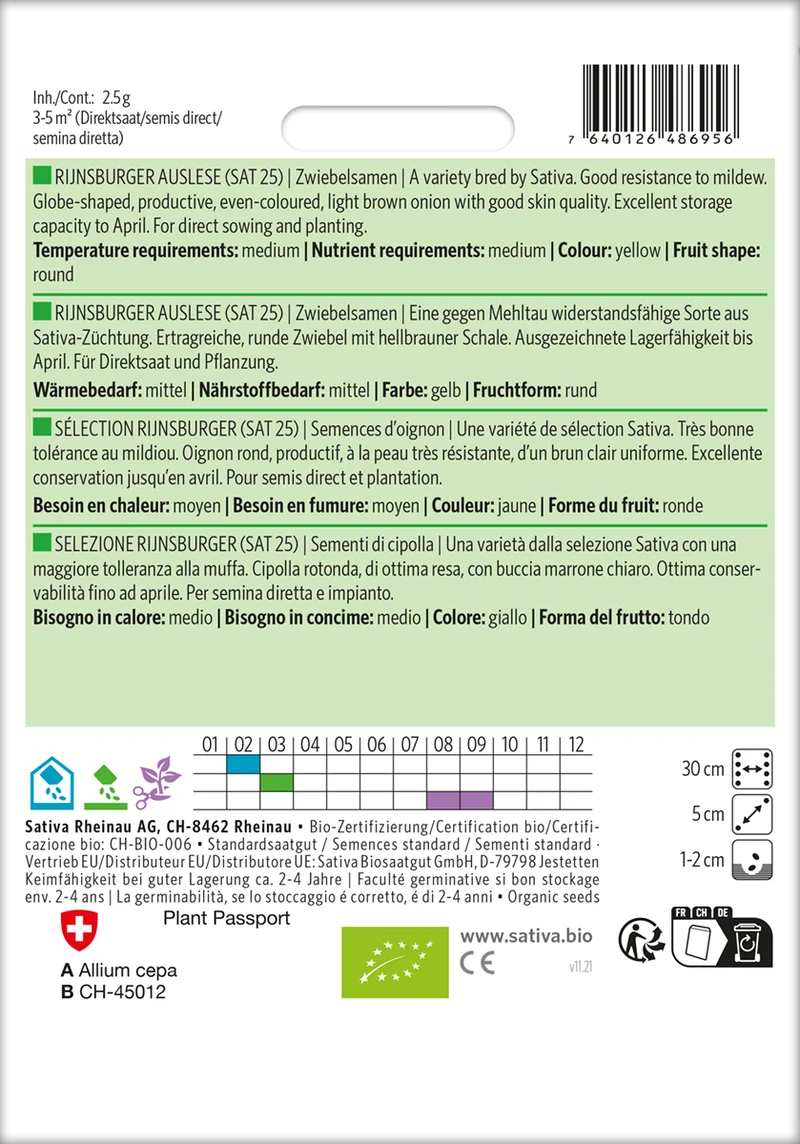 Zwiebelsamen Rijnsburger Auslese | BIO Zwiebelsamen von Sativa Rheinau [MHD 12/2025]
